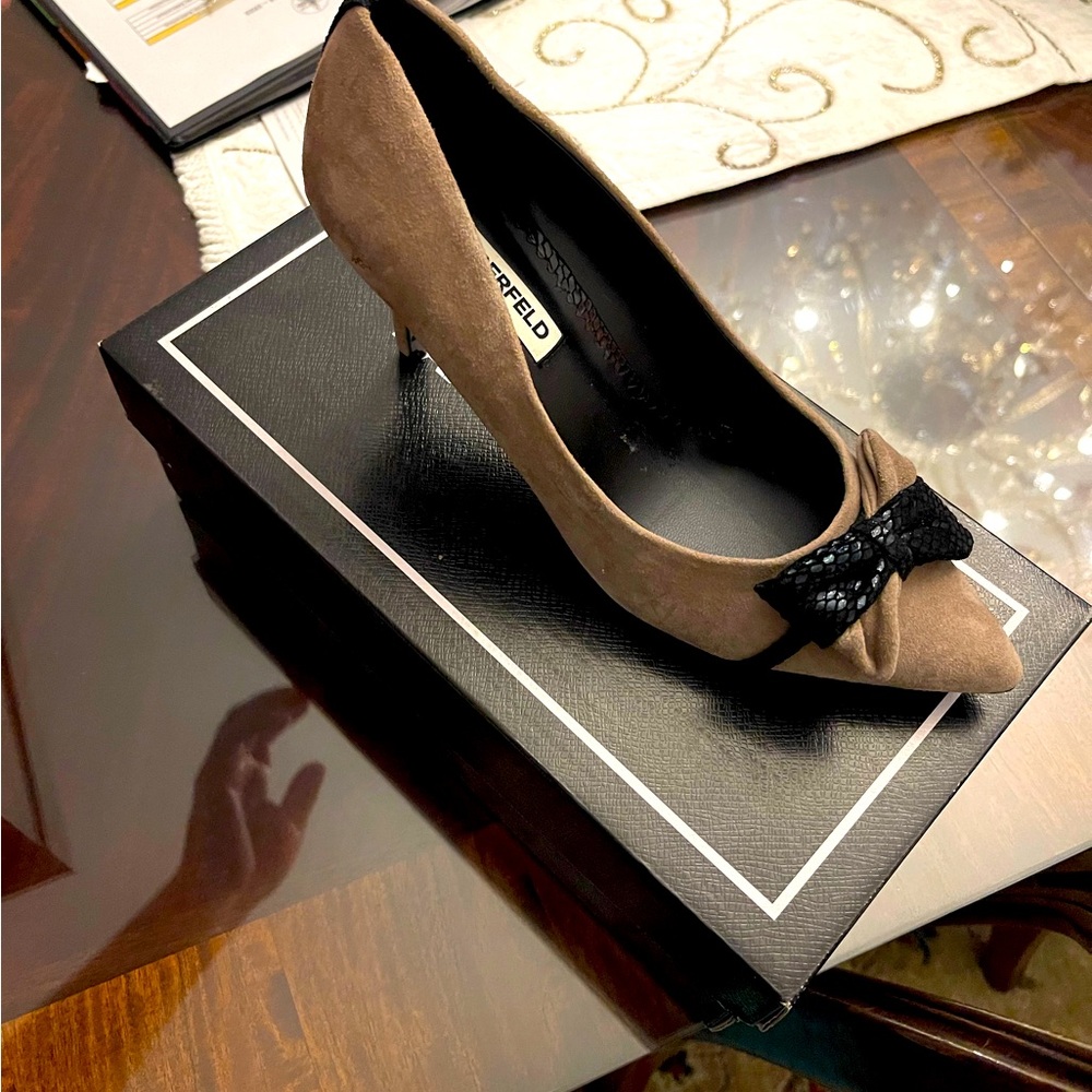 Karl Lagerfeld Taupe Suede Heels with Black Accent